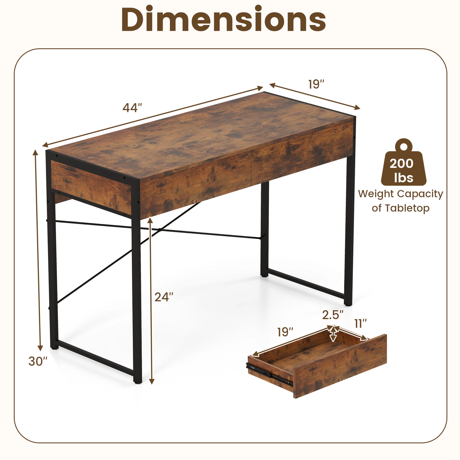SUGIFT 2-Drawer Home Office Writing Desk Steel Frame 200-lb Tabletop Capacity 25-lb Drawer Capacity 44-in Wide Brown
