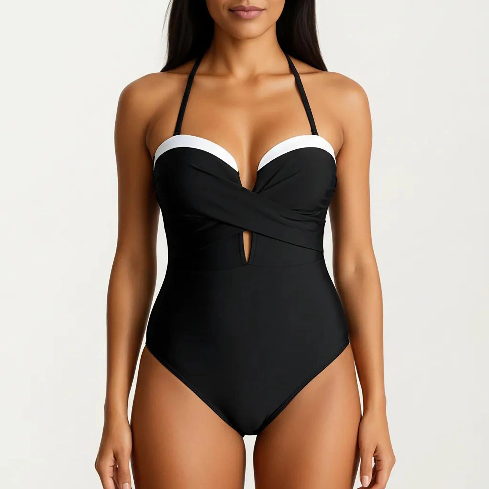 Anna-Kaci Women’s Halter Twist-Front One-Piece Swimsuit with Contrast Trim