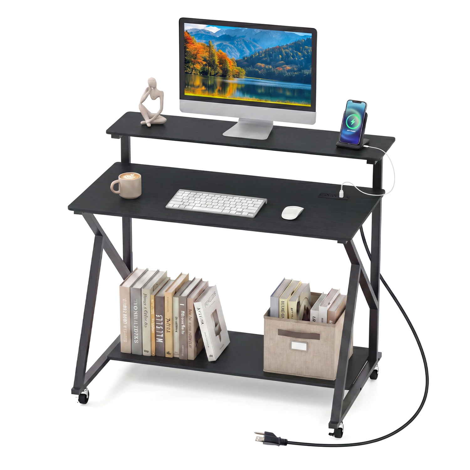 LJG Rolling Computer Desk with Charging Station and Monitor Shelf Storage for Home Office