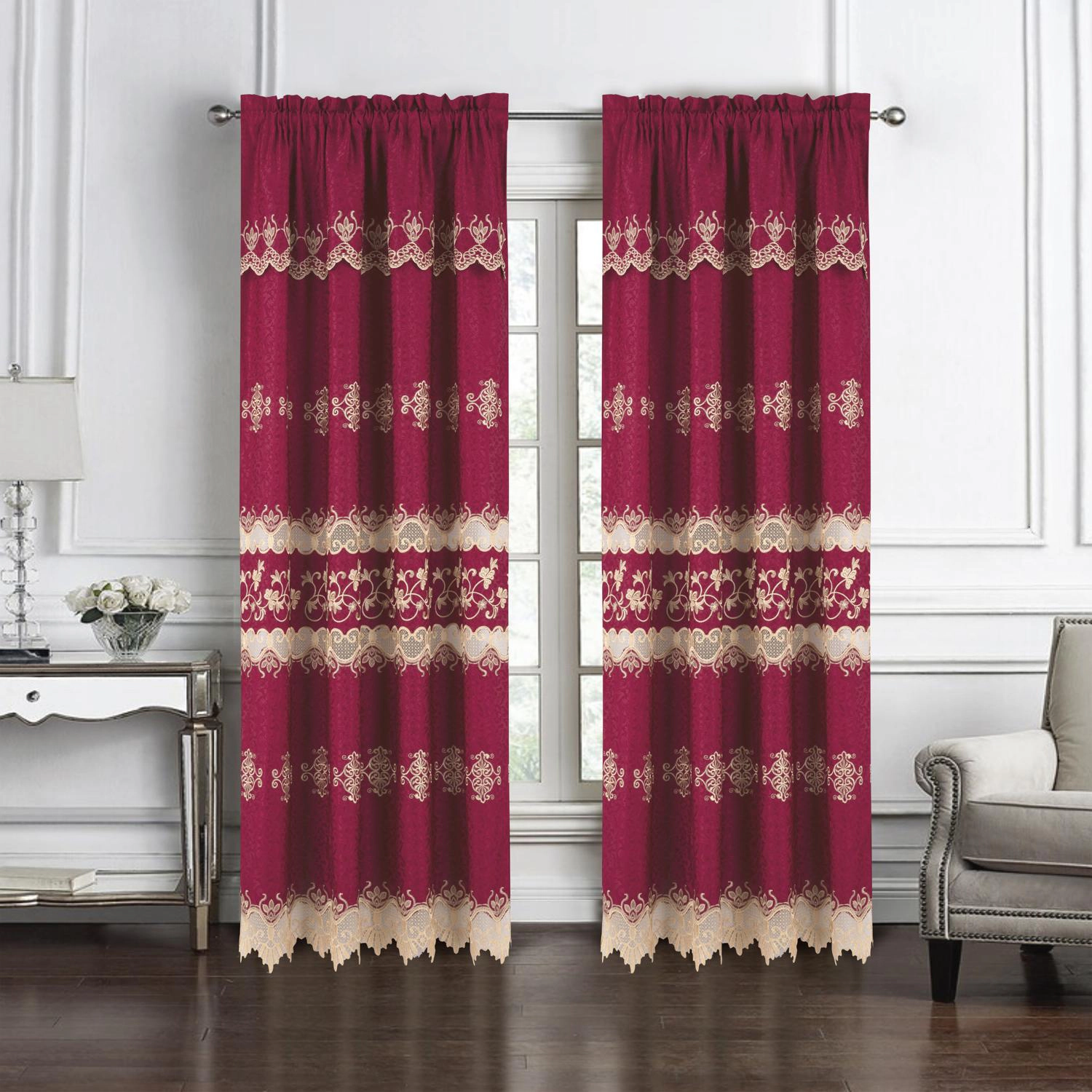 RT Designer Collection Alice Macrame Luxurious Decorative Rod Pocket Curtain Panel 54" x 84" Burg
