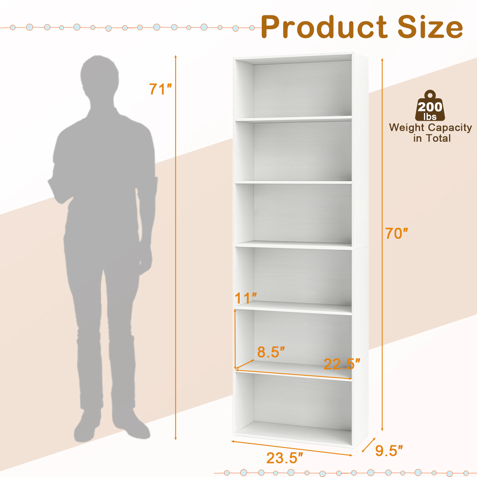 SUGIFT 6-Tier MDF Engineered Wood Bookcase 6 Open Shelves 200-lb Total Capacity 70-in Tall With Anti-Toppling Kits White
