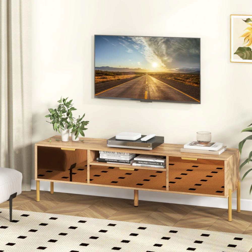 Hivvago Mirrored Tv Stand For Tv Up To 65 Inch With Spacious Tabletop And 2 Storage Cabinets-Natural