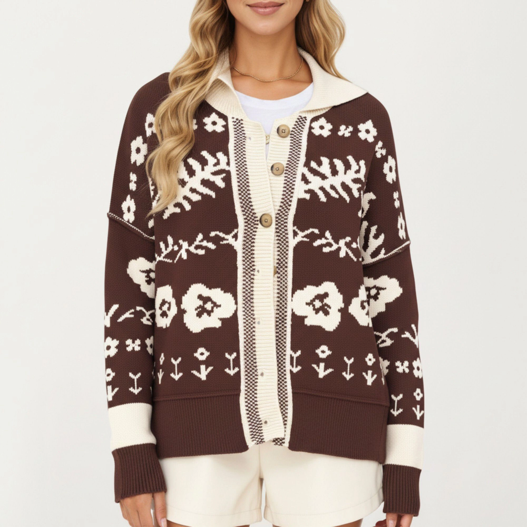 Anna-Kaci Women's Floral Jacquard Button Front Cardigan Top with Soft Knit Texture, Relaxed Drop Shoulder Fit