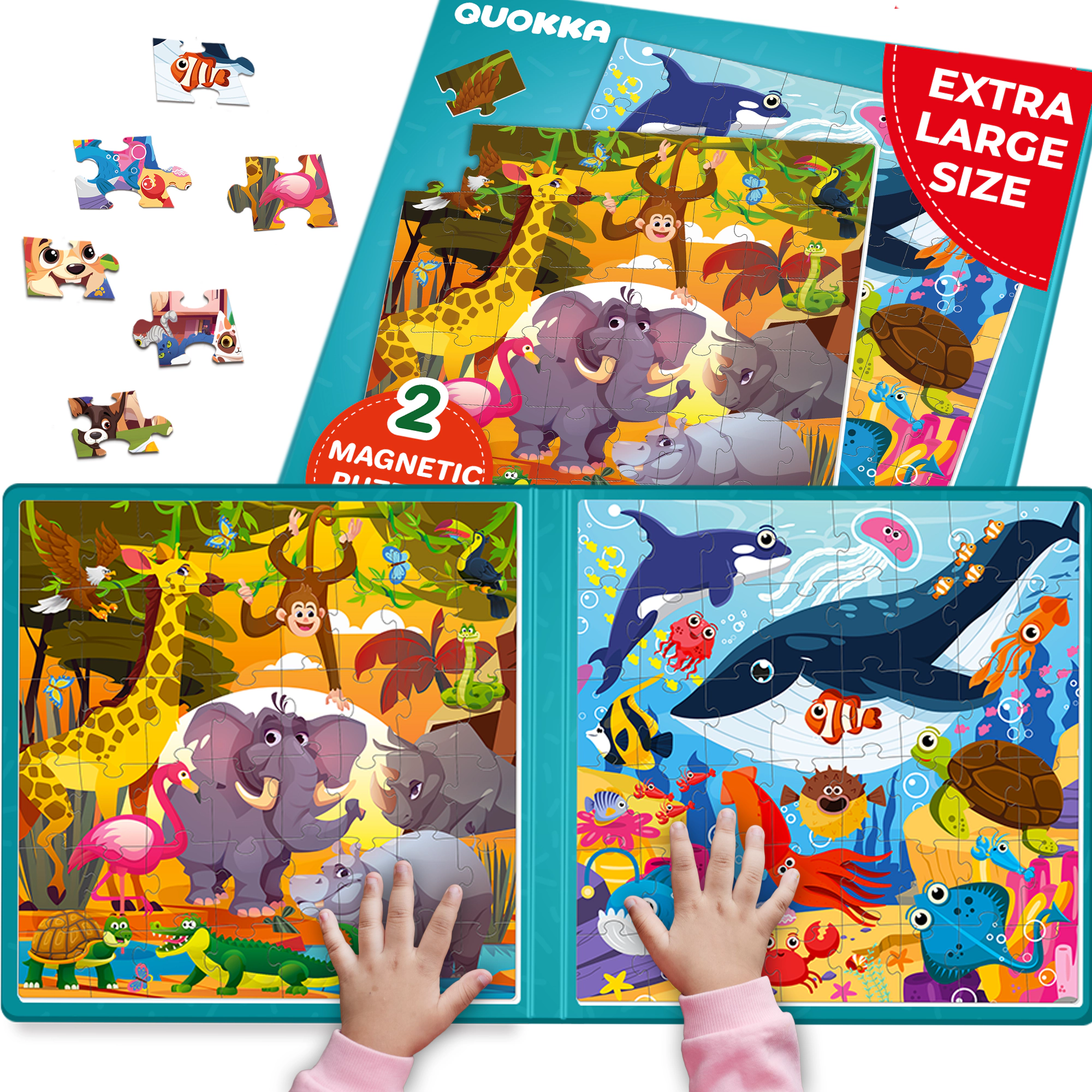 QUOKKA Magnetic Travel Puzzle Set - 2x48 Piece Jigsaw Puzzles with Animal, Fantasy and Map Themes for Kids Ages 2-8