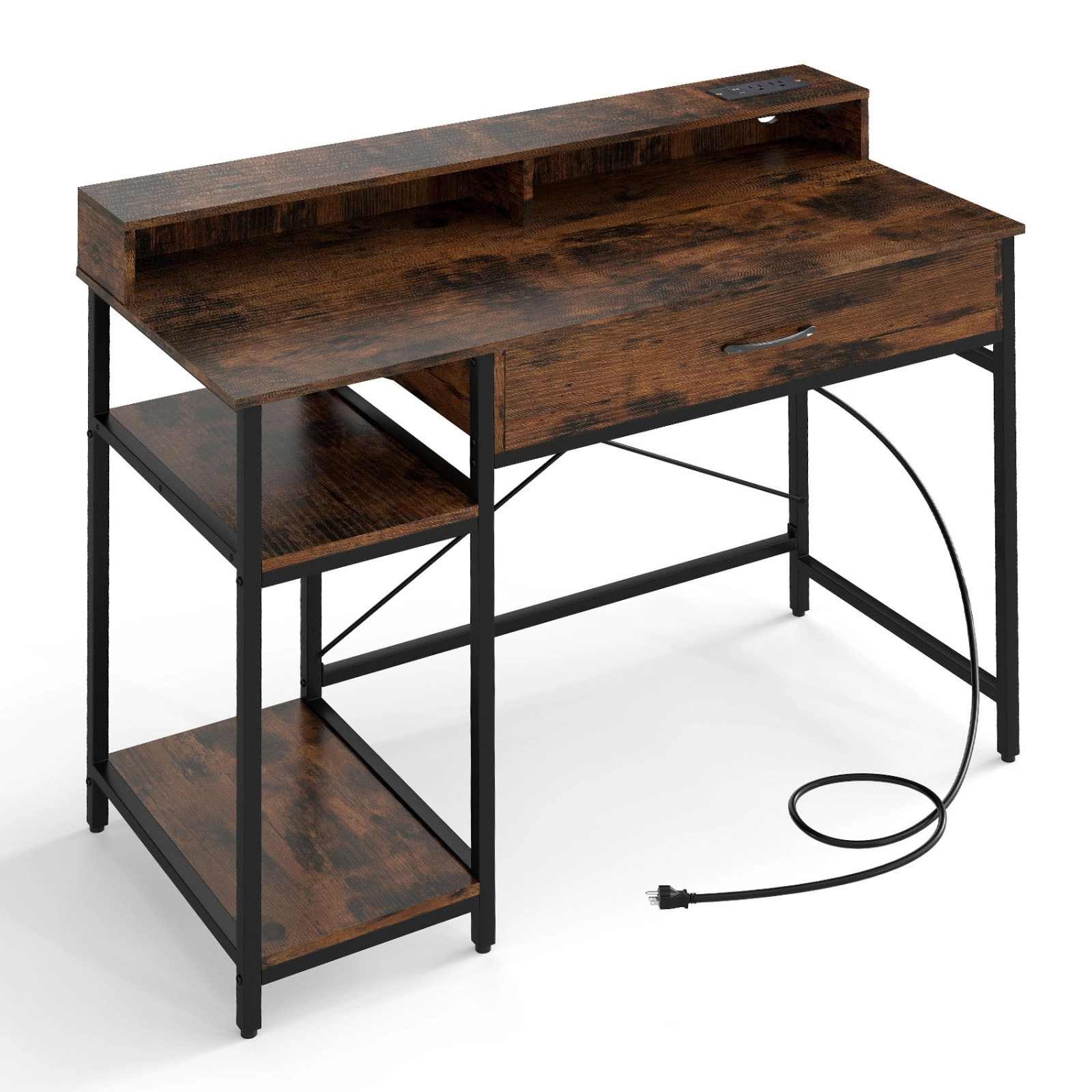SUGIFT Computer Desk with Hutch Shelf Power Strip Drawer and Shelves 110-lb Tabletop Capacity Rustic Brown + Black