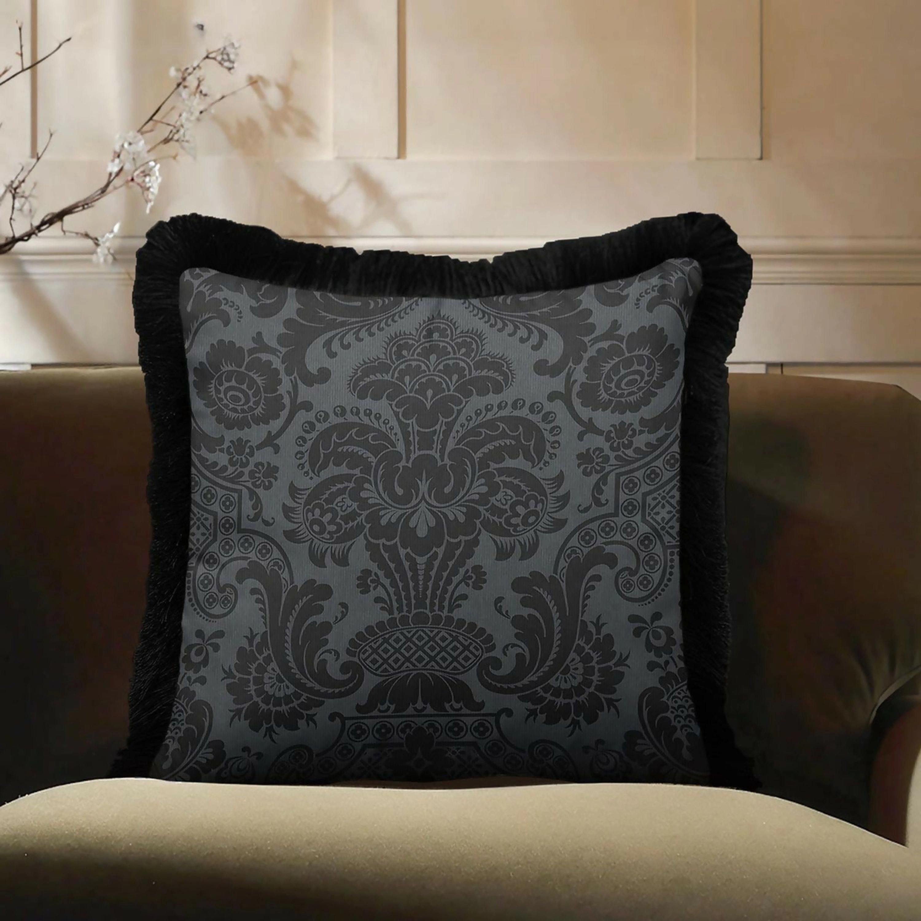 Wear Sierra Black Baroque Fringed Set of 2 Throw Pillow Cover