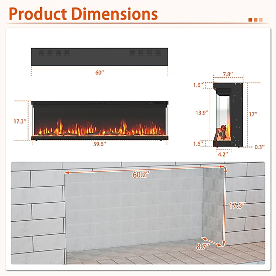 SUGIFT 60-Inch Freestanding Electric Fireplace Insert with 3-Sided ...