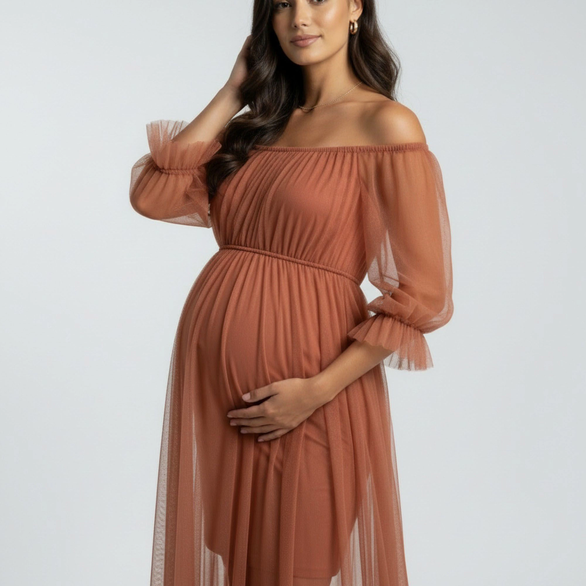 Anna-Kaci Women's Maternity Off Shoulder Mesh Sheer Overlay Empire Waist Flowy Formal Maxi Dress