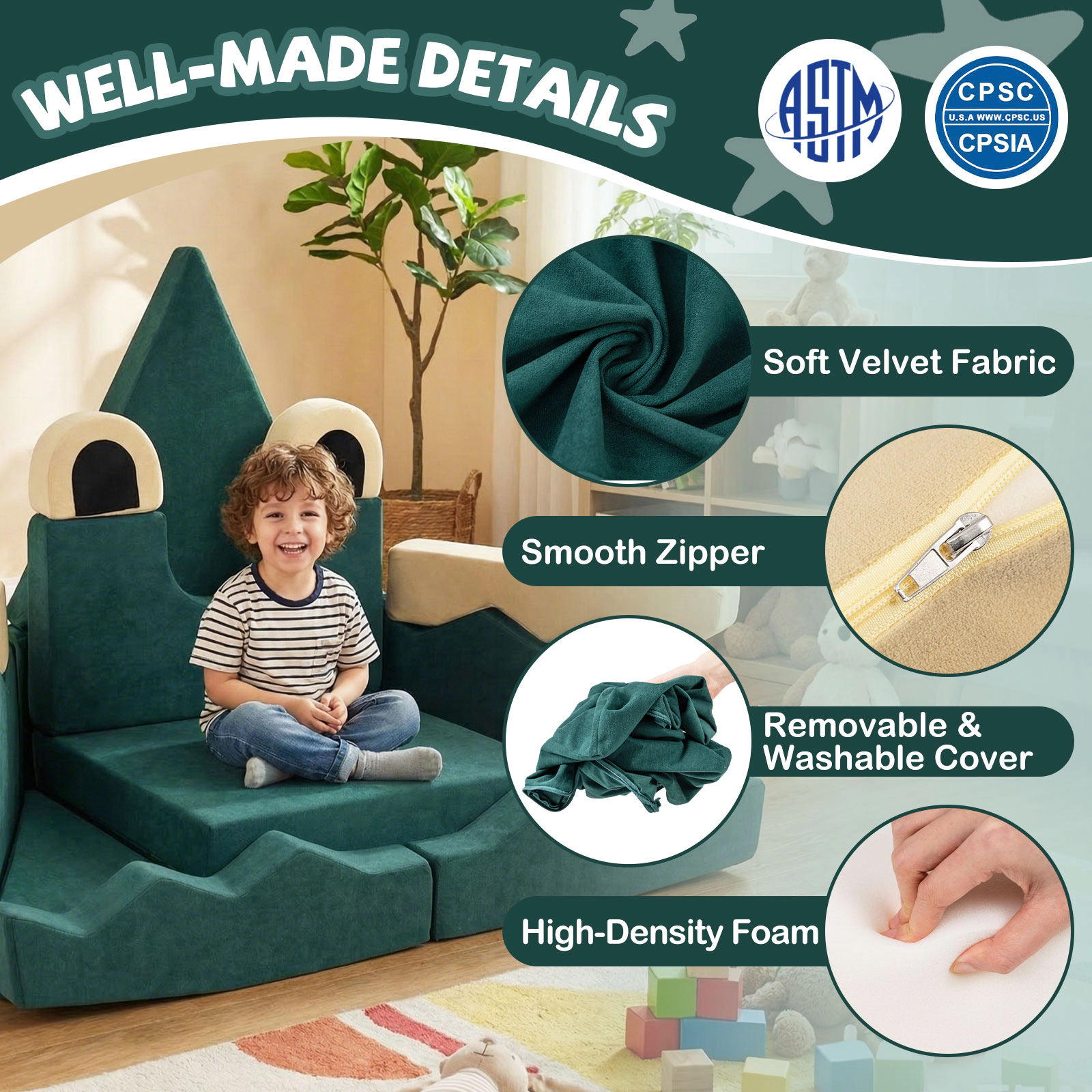 SUGIFT 17-Piece Modular Kids Play Couch Sofa Chair 55-in Wide Velvet Fabric and Foam Ages 3+ Crocodile