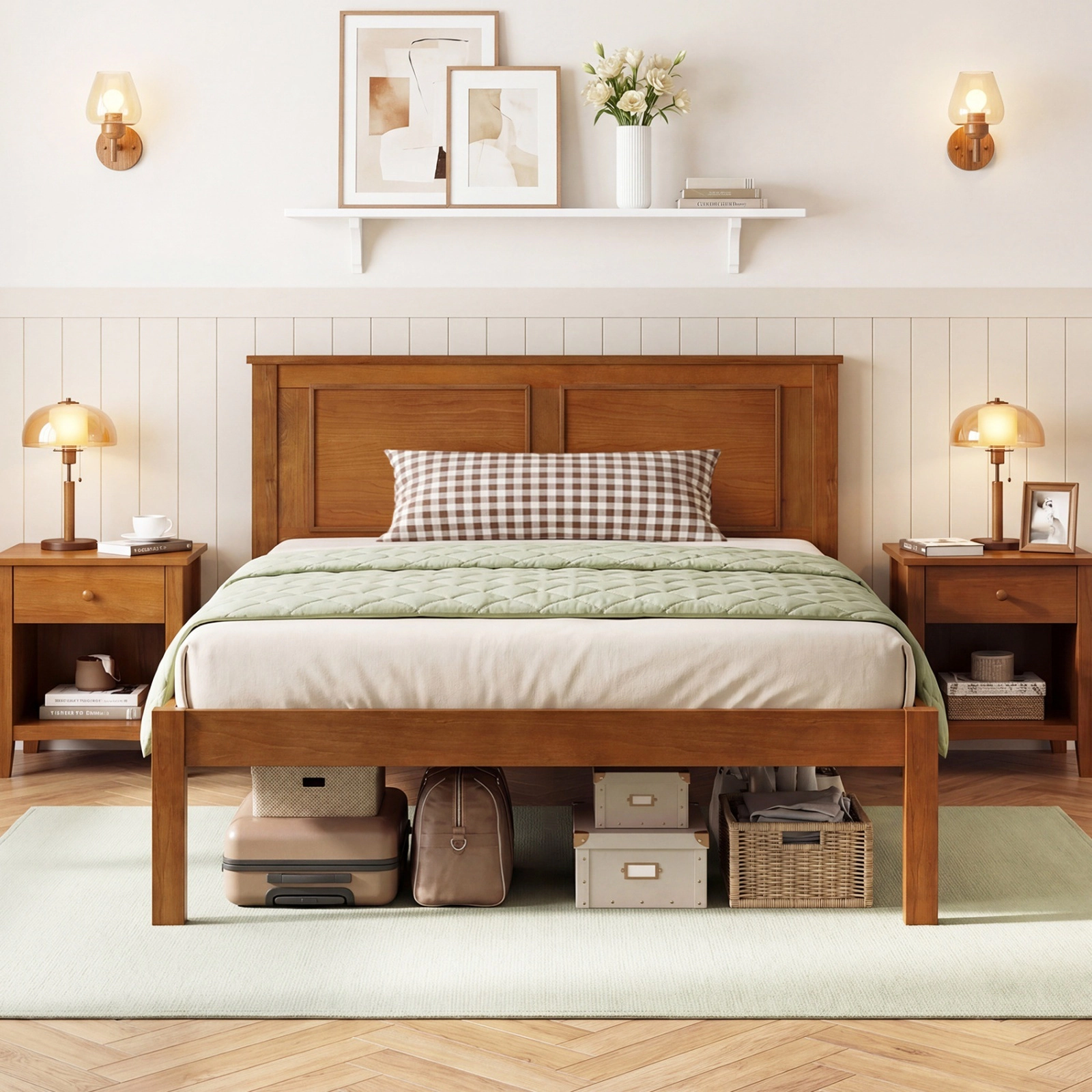 SUGIFT Twin Farmhouse Platform Bed with Panel Headboard, Walnut