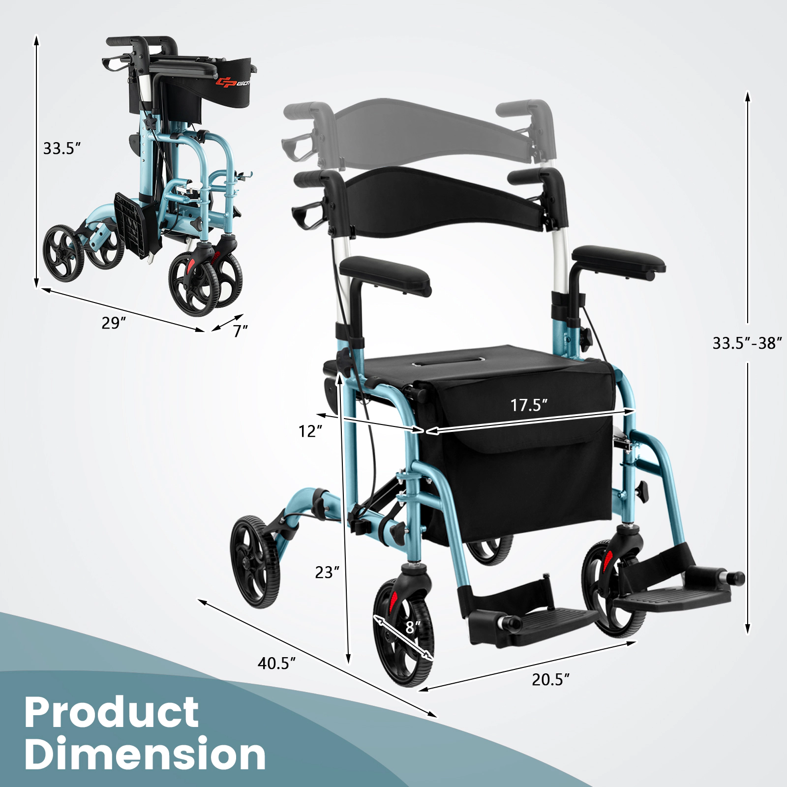 SUGIFT Navy 2-in-1 Rollator Walker and Transport Chair with Footrests 40.5-in W 25-in D 300-lb Seat Capacity