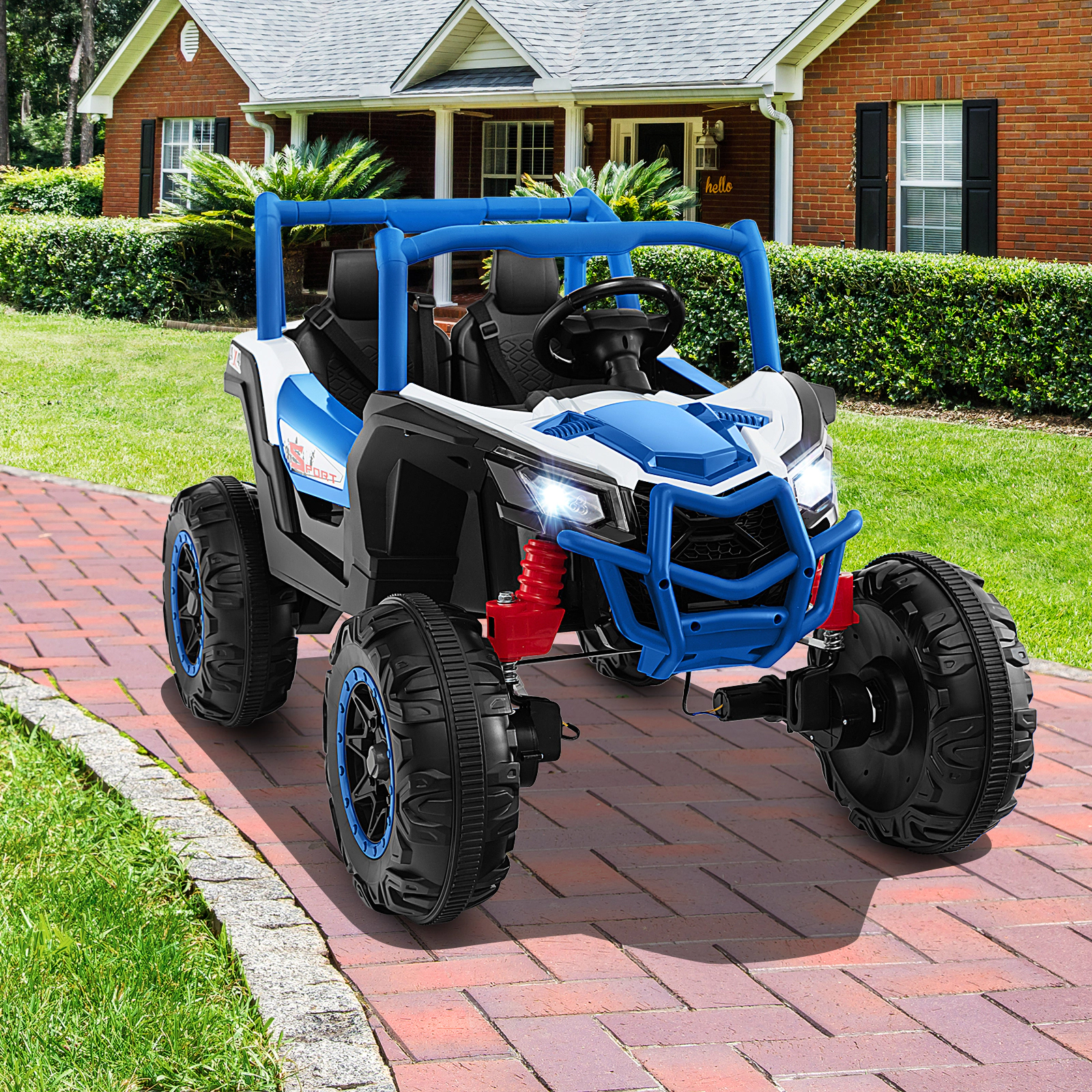 24V 2-Seater Kids Ride On UTV 3-Point Safety Belts Lockable Doors 2.4G Parent Remote Spring Suspension Ages 3+ Navy