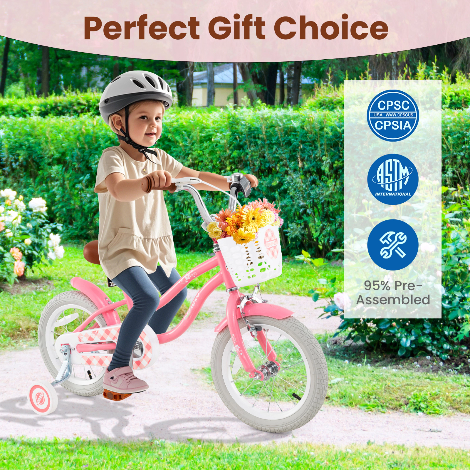 SUGIFT 16-Inch Kids Bike with Training Wheels, Dual Brakes and Basket 99-lb Capacity Ages 4-7 Years Peach