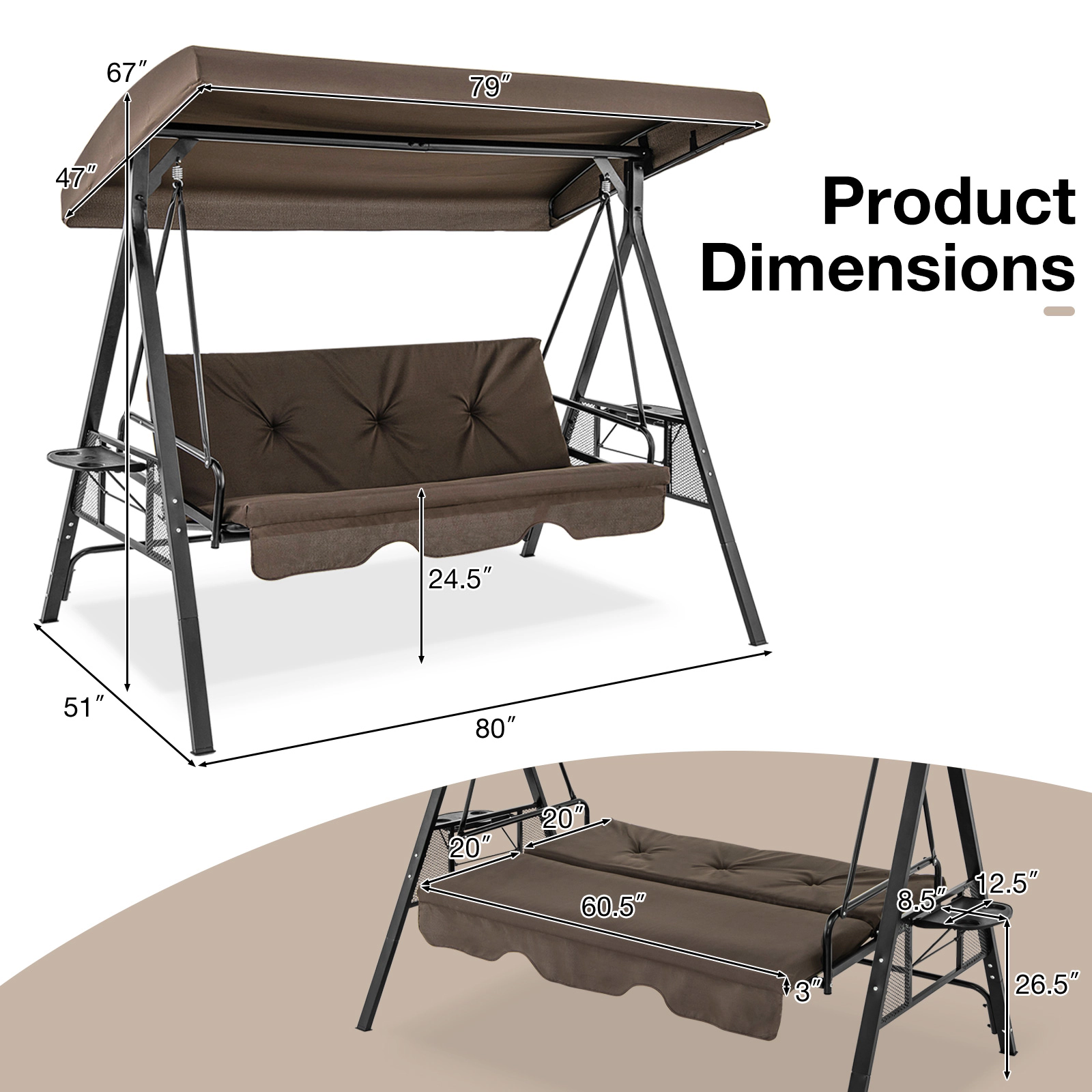 SUGIFT Convertible 3-Seat Patio Porch Swing Chair to Flat Bed with Adjustable Canopy 1000-lb Capacity Brown