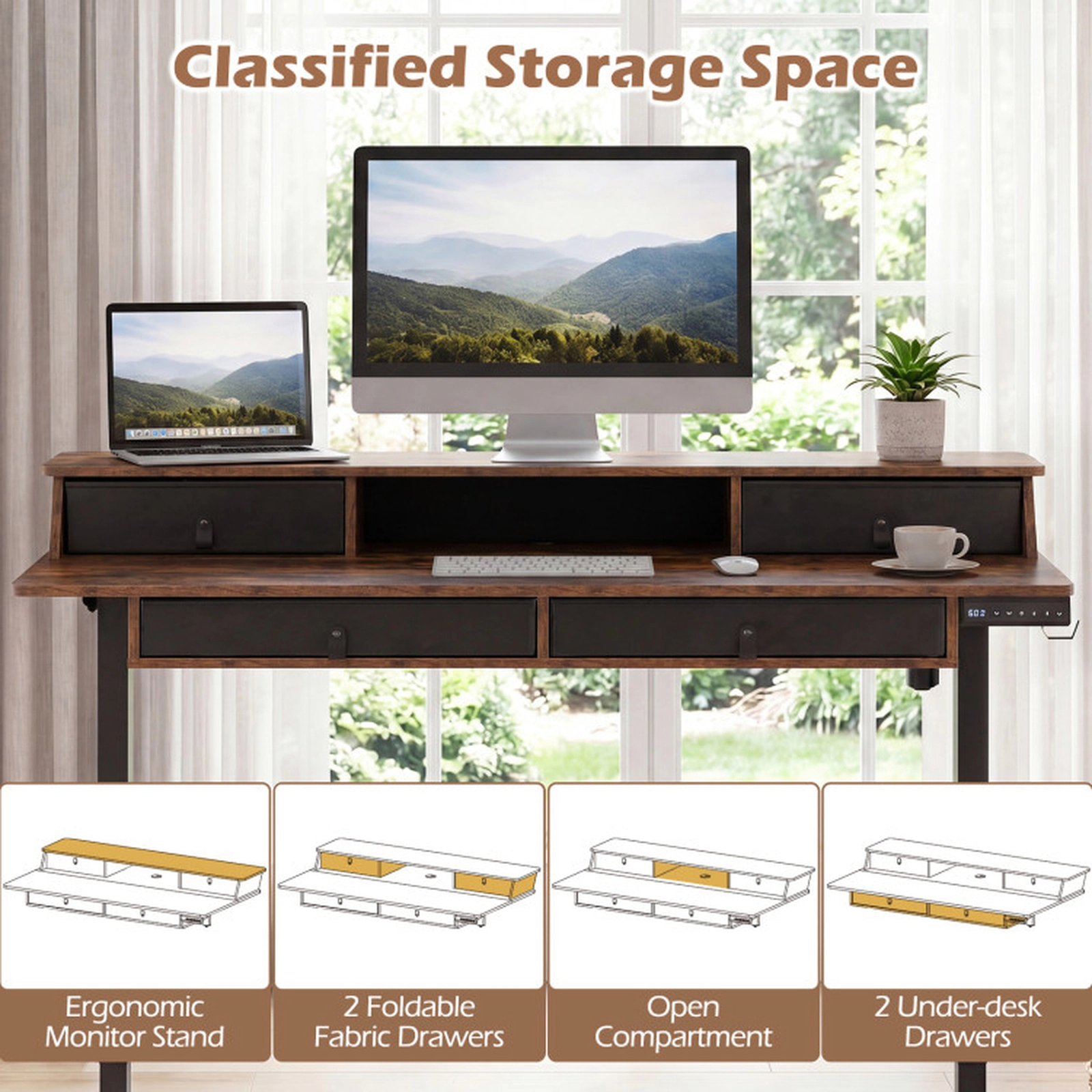 SUGIFT 55-Inch Rustic Brown Electric Standing Desk with Drawers and Monitor Stand