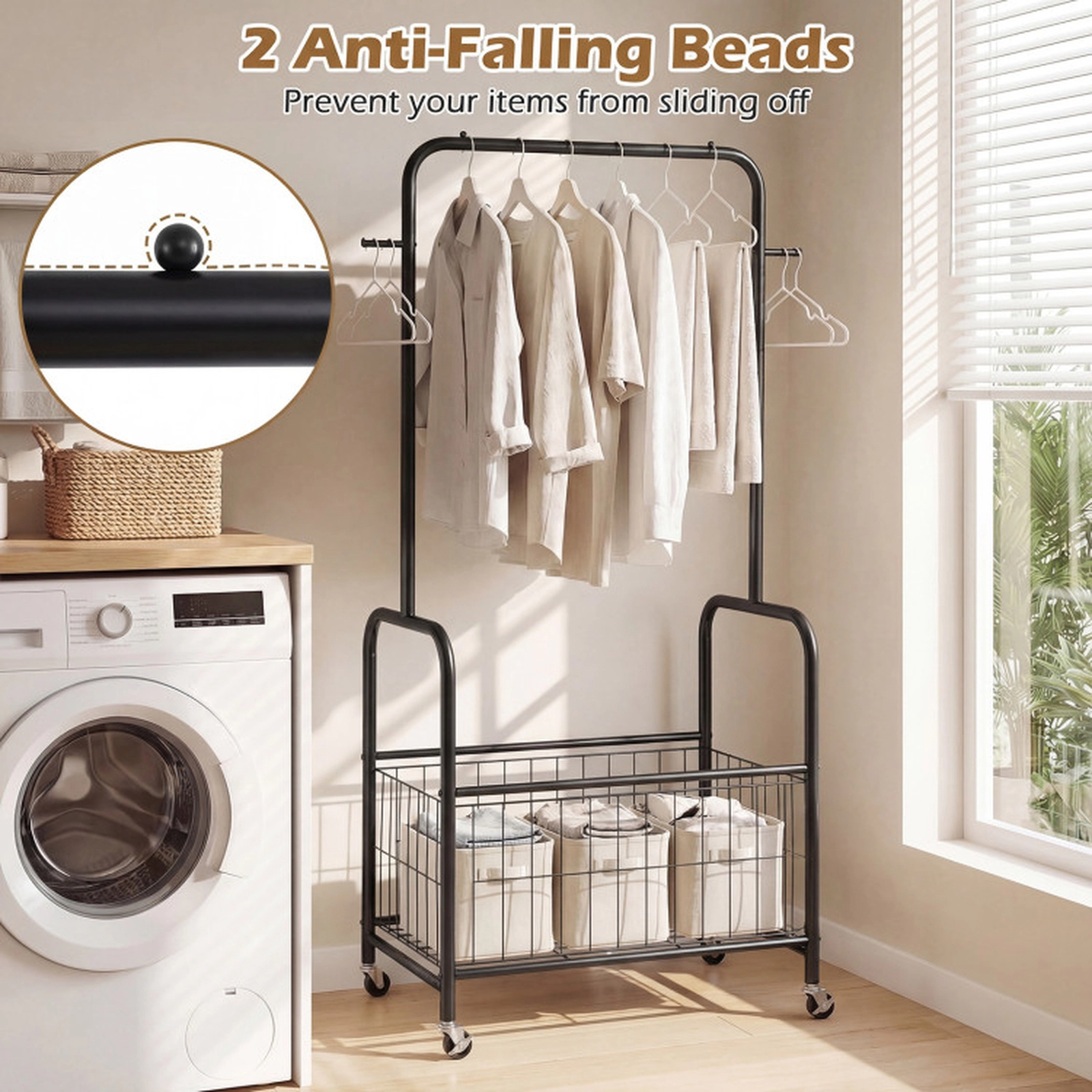 SUGIFT Rolling Metal Clothes Rack with Hanging Rod, Hooks and Storage Basket 110-lb Capacity 35-in Wide Black/White