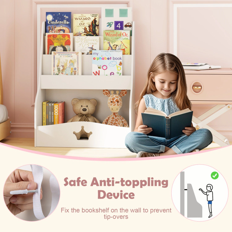 Hivvago 4-Tier Kids Bookshelf with Shelves and Compartment for Toddlers-White