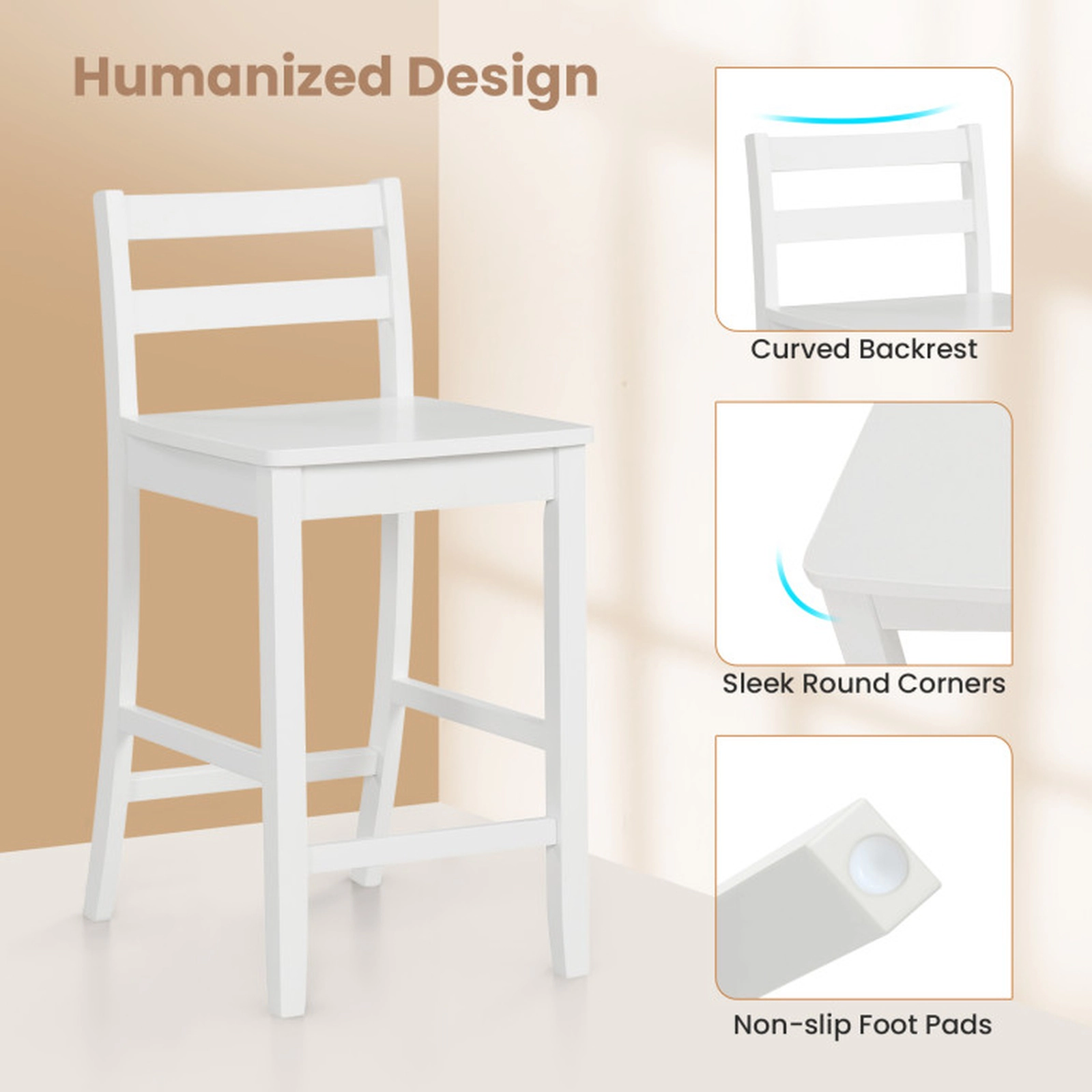 SUGIFT Set of 2 White 24-in Counter-Height Wood Bar Stools, 400-lb Capacity