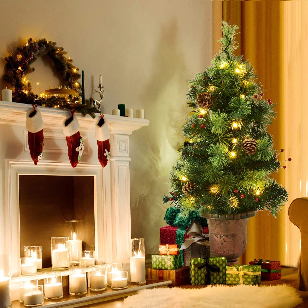 Glintex 4-Ft Pre-Lit Christmas Tree with Red Berries Pine Cones and 60 LEDs, Green