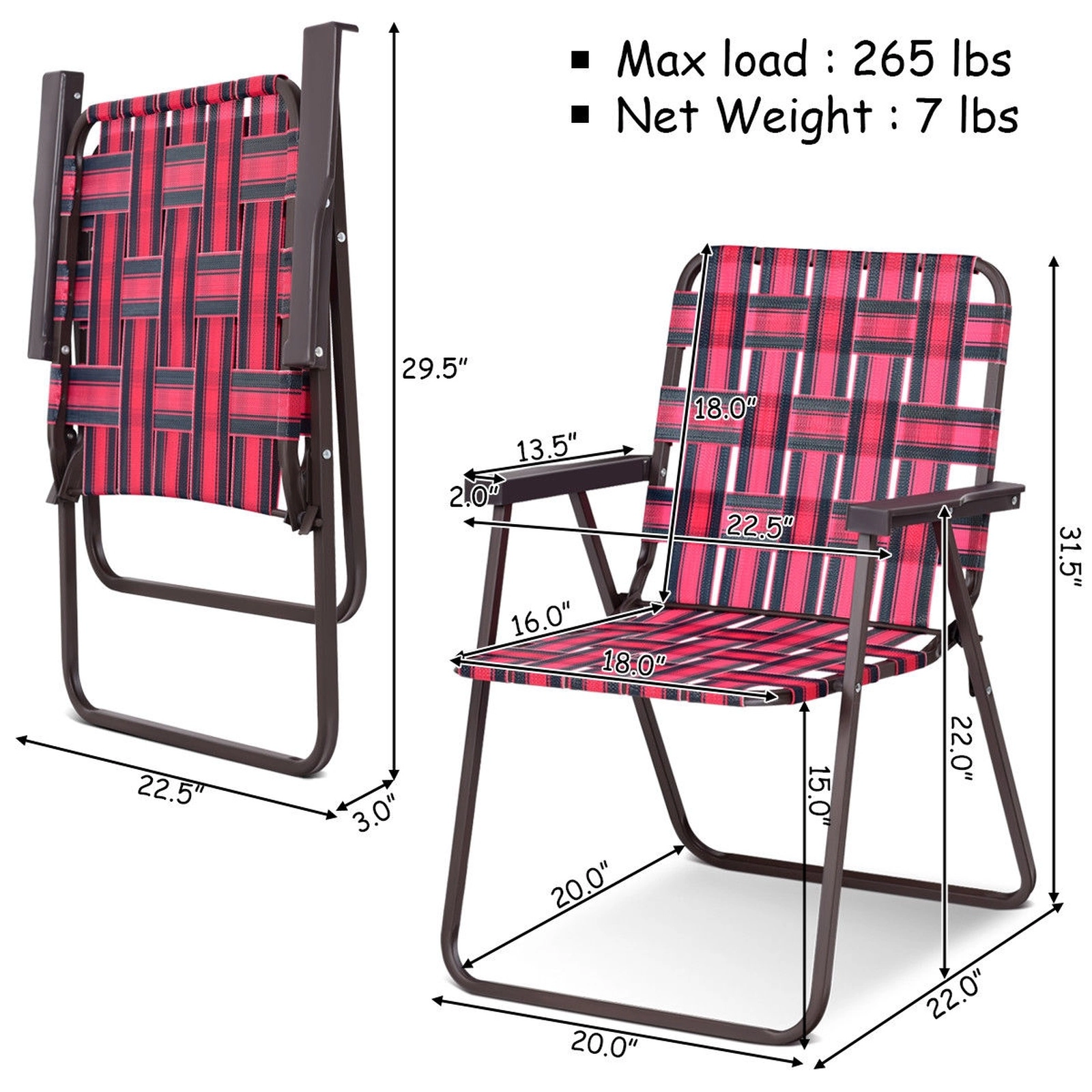 SUGIFT Folding Beach and Camping Lawn Webbing Chair Set 265-lb Capacity Red