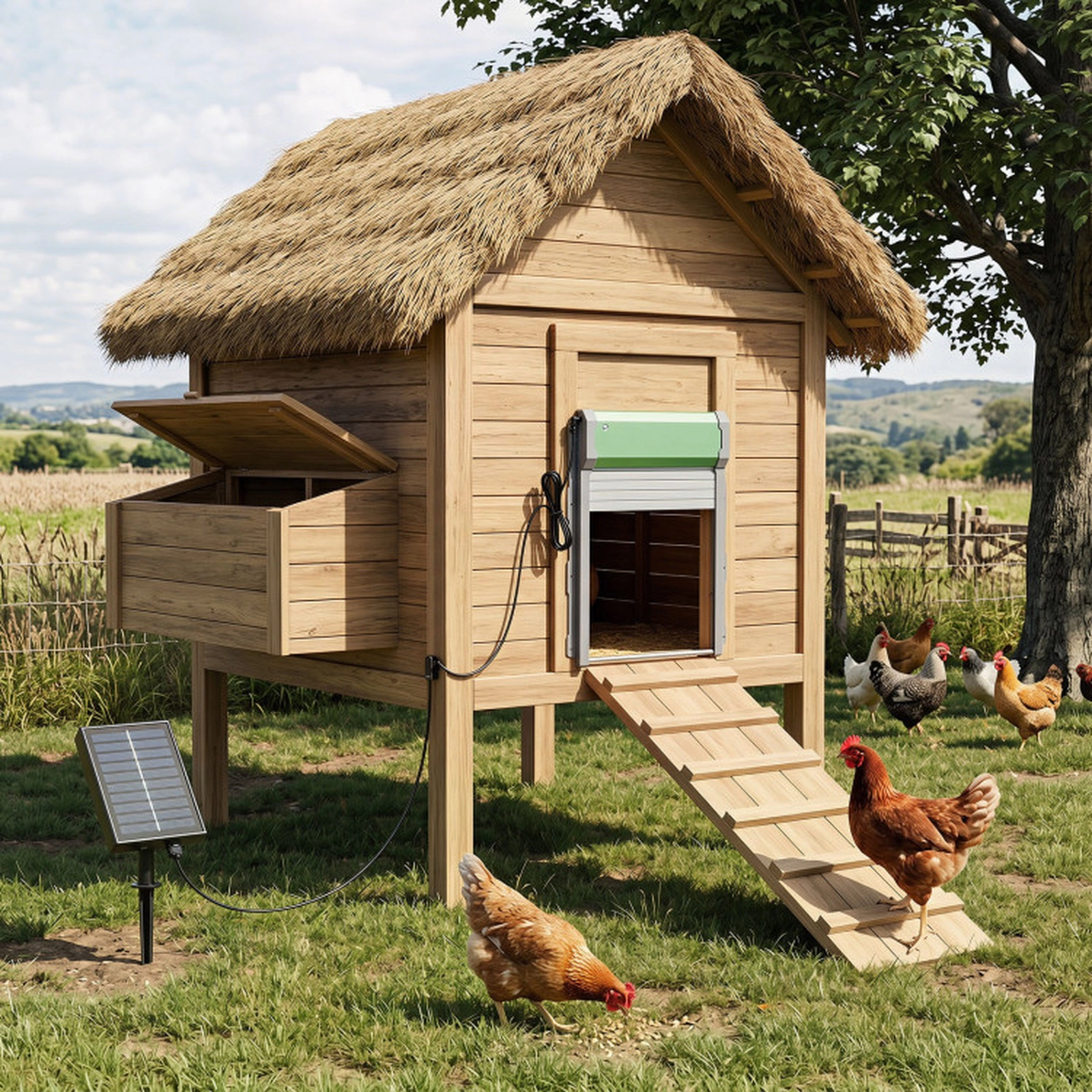 SUGIFT Automatic Solar Chicken Coop Door with Remote Control and Light Sensor Timer Green & Sliver