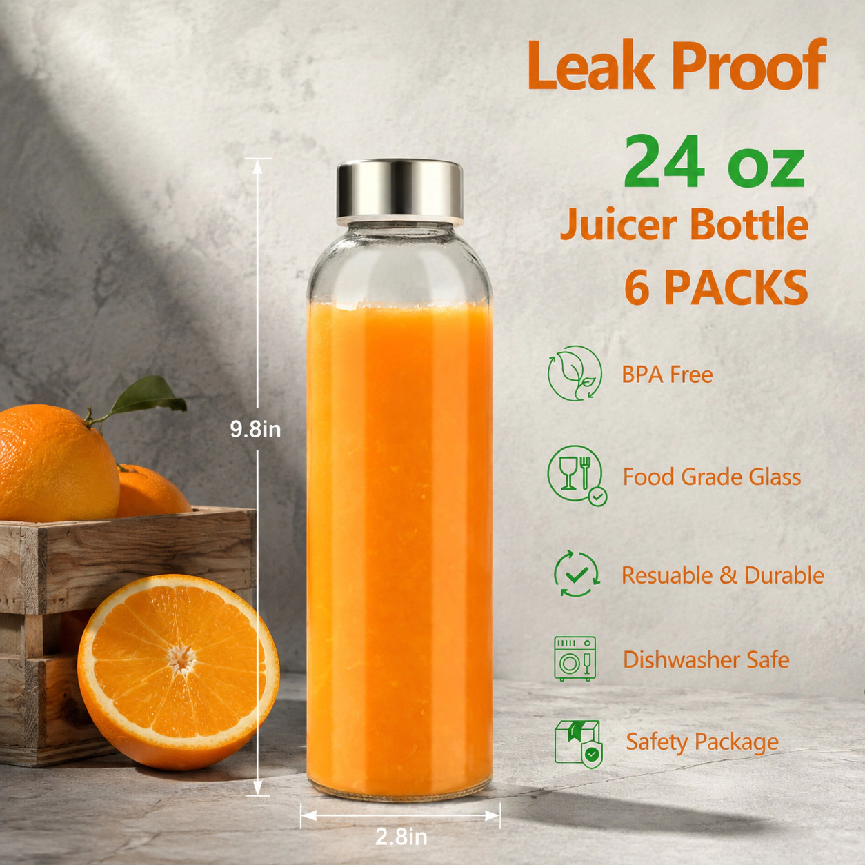 WZK 24 Oz Set of 6 Airtight Leak Proof Lids Glass Juice Bottles