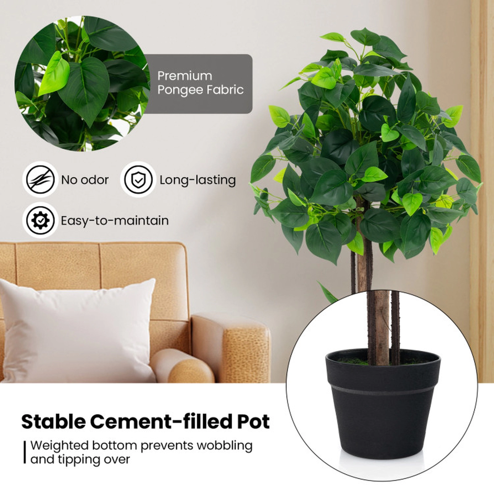 SUGIFT 45-in Real Wood Trunk Pongee Fabric Leaves Artificial Hydrangea Tree 6.5-in x 5-in Cement Pot 5.5-lb Green