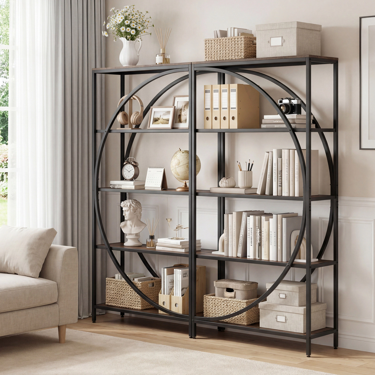 LJG 5-Tier Bookshelf with Half-Moon Shape for Living Room and Home Office
