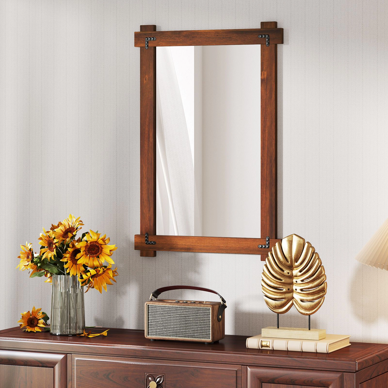 SlickBlue 30 x 20 Inch Rustic Wood Wall Mirror Rectangle Mirror for Bedroom Living Room
