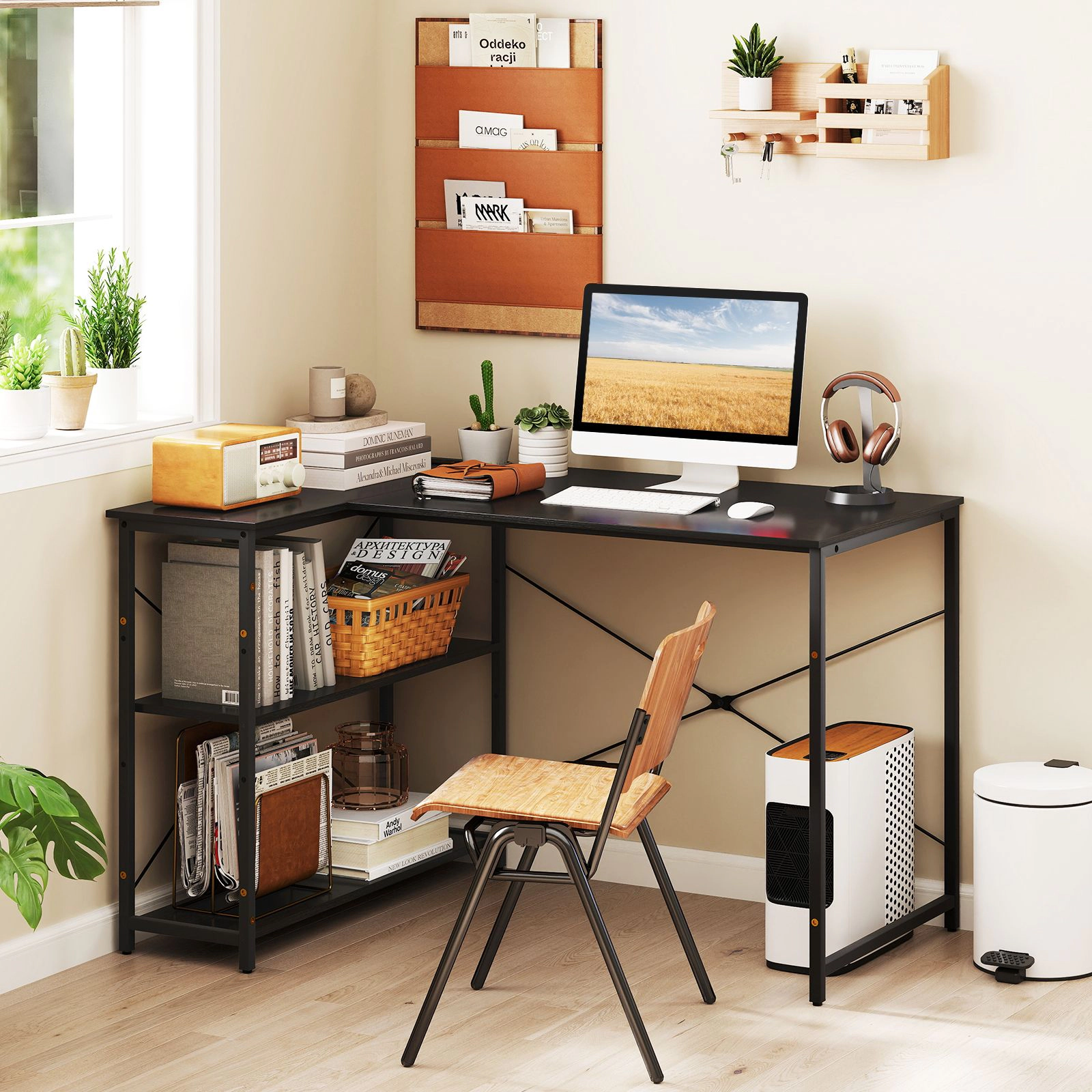 SlickBlue L Shaped Computer Desk with Power Outlet Storage Shelves