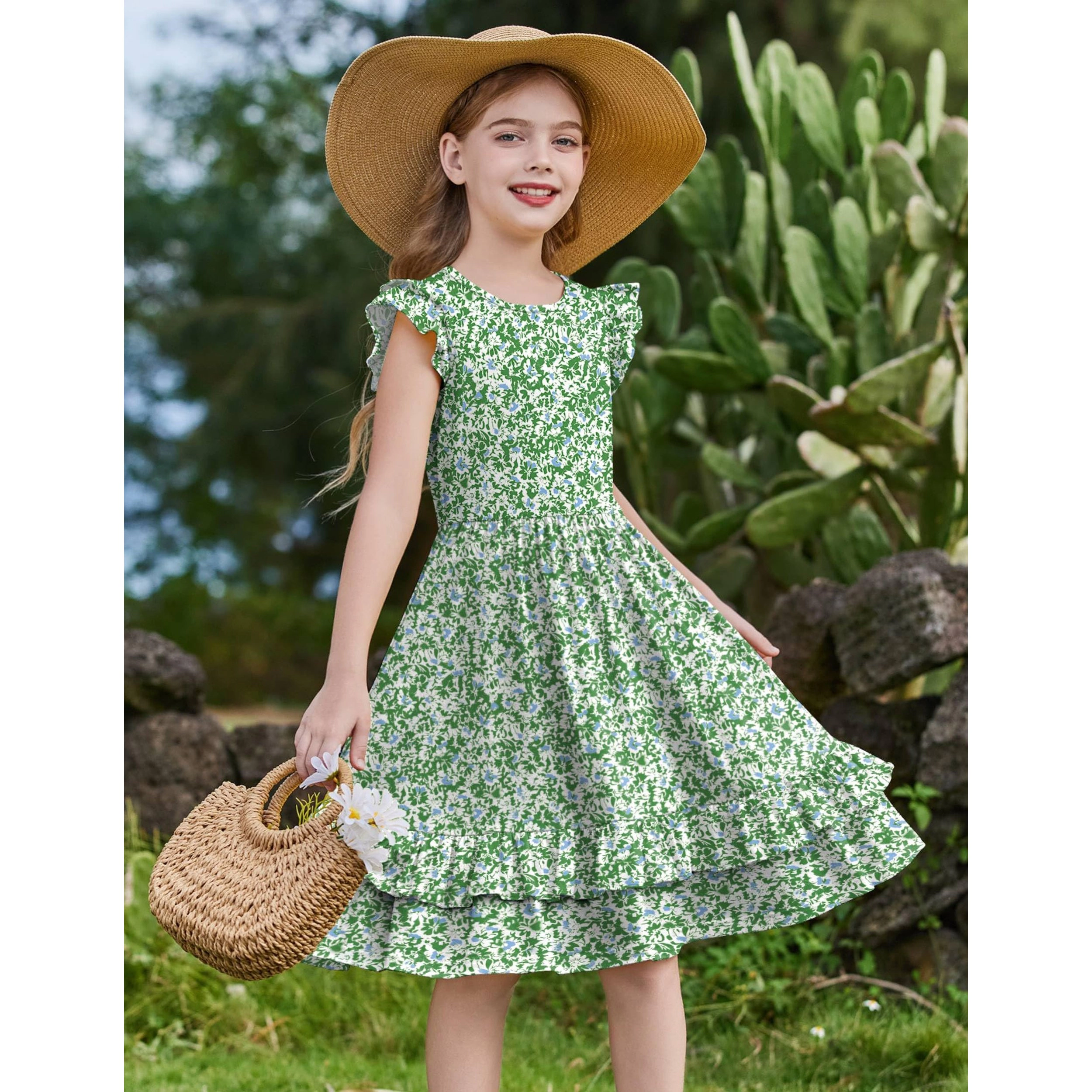 Arshiner Girls Dress Casual Boho Ruffle Sleeve Aline Flowy Summer Sundress With Pockets