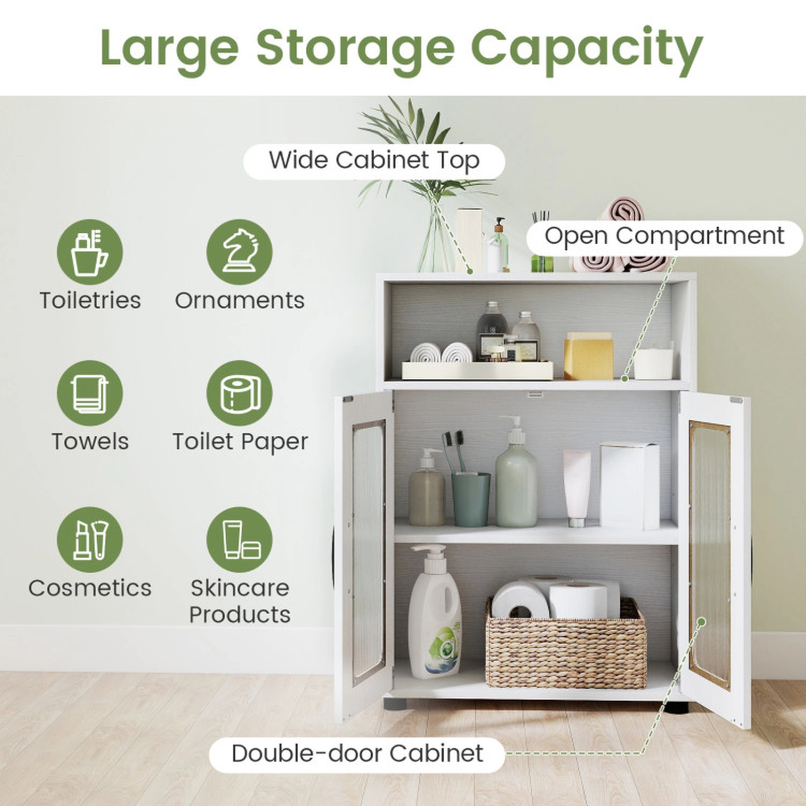 SUGIFT Freestanding 2-Door Removable Shelf Wooden Bathroom Floor Cabinet 24-in x 12-in x 33-in 155-lb Capacity White