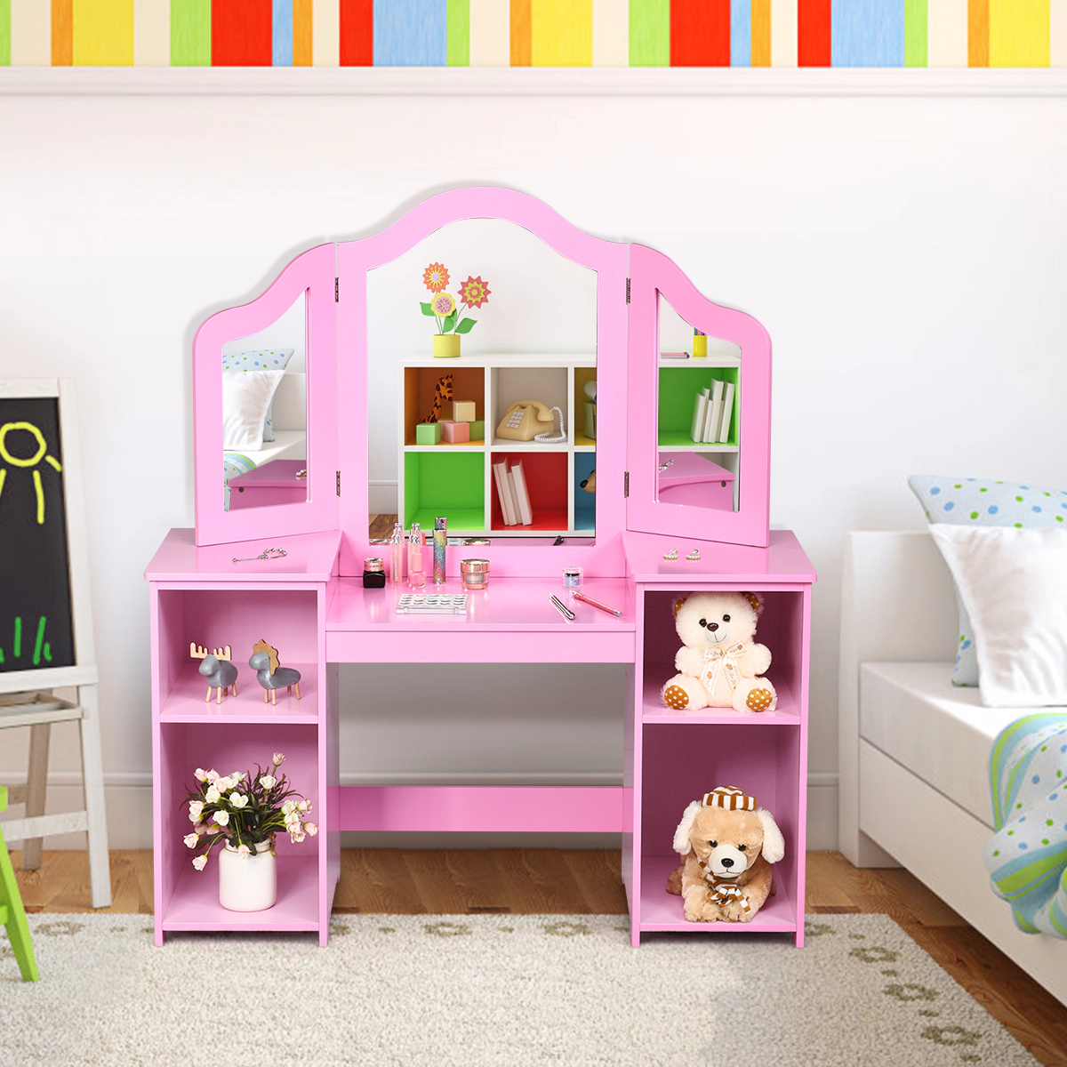 SUGIFT 42-Inch Kids Vanity Table Set with Tri-Folding Mirror and 4 Storage Compartments