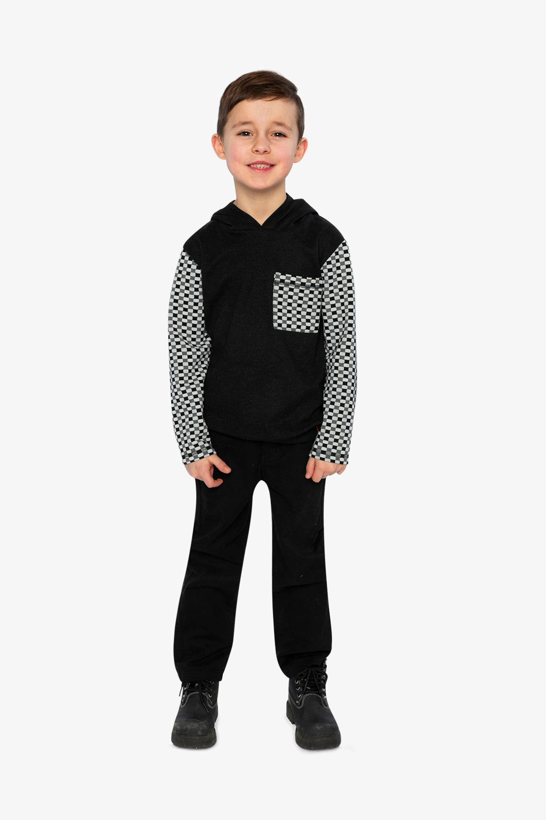 Deux par Boys Checkered Colorblock Hooded Top with Chest Pocket