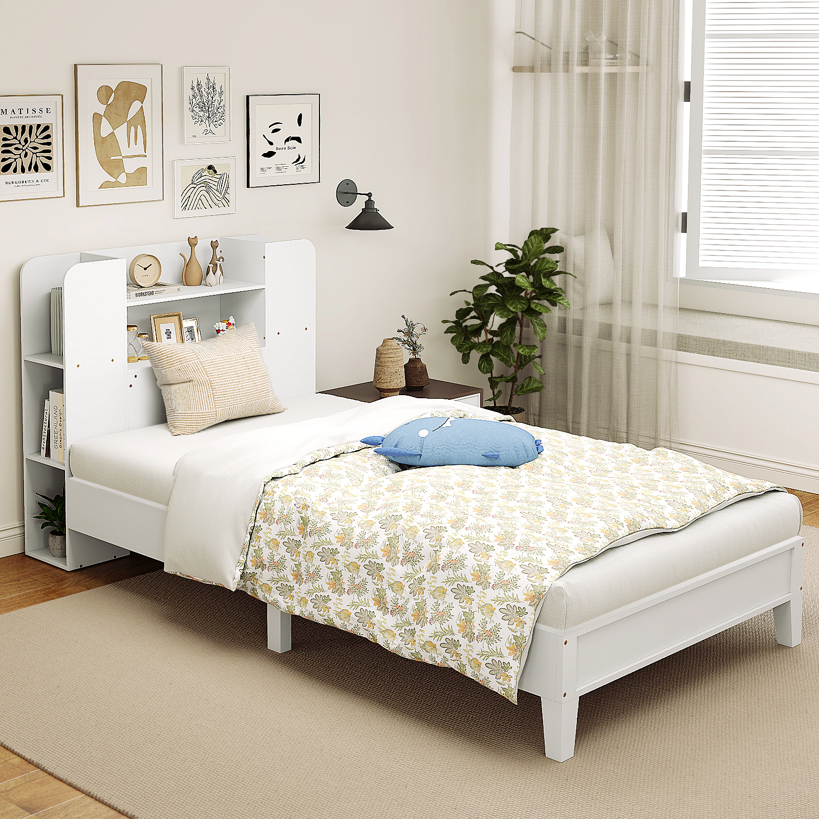 SUGIFT Twin Wood Platform Bed with Bookcase Headboard, 6 Storage Compartments, White