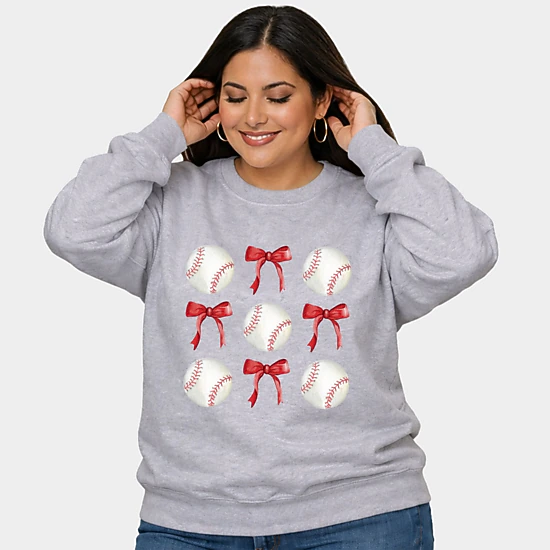 Simply Sage Market - Baseballs and Red Bows Watercolor -  Women's Plus Sized Graphic Sweatshirt
