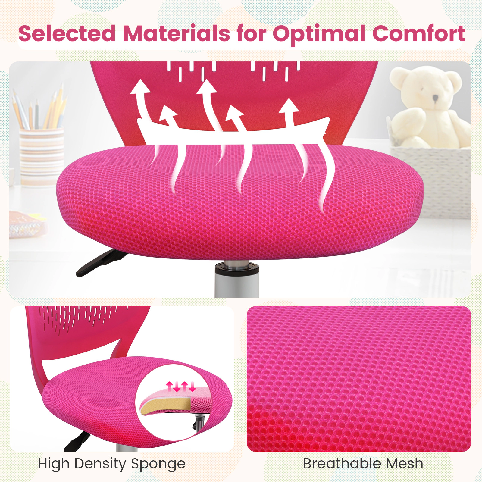 SUGIFT Pink Breathable Mesh Back and Adjustable Seat Ergonomic Kids Study Chair