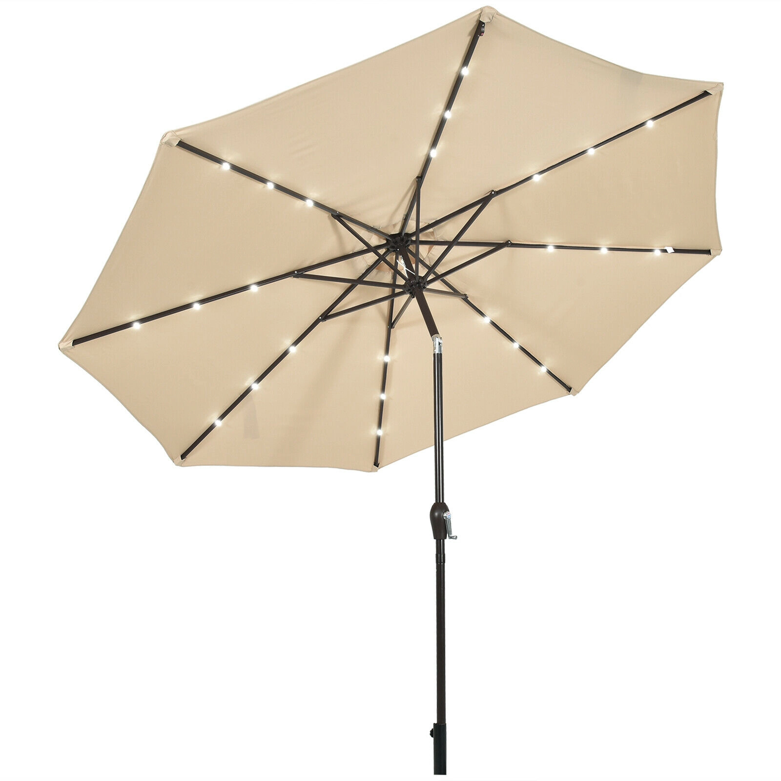 SUGIFT 10-ft Solar LED Lighted Patio Market Umbrella with Crank Lift Push-Button Tilt 24 Lights 10-ft Canopy Beige