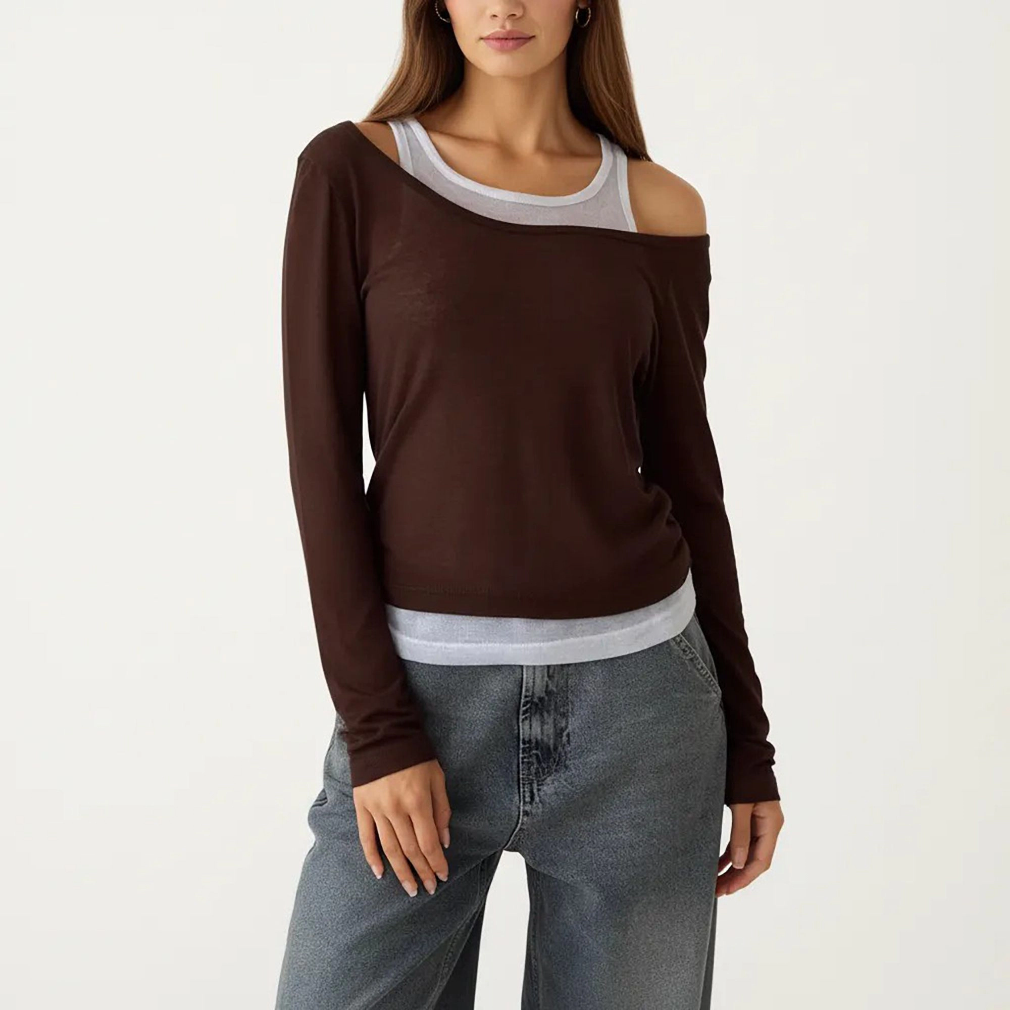 Anna-Kaci Women's Off Shoulder Long Sleeve Layered Knit Top with Relaxed Fit
