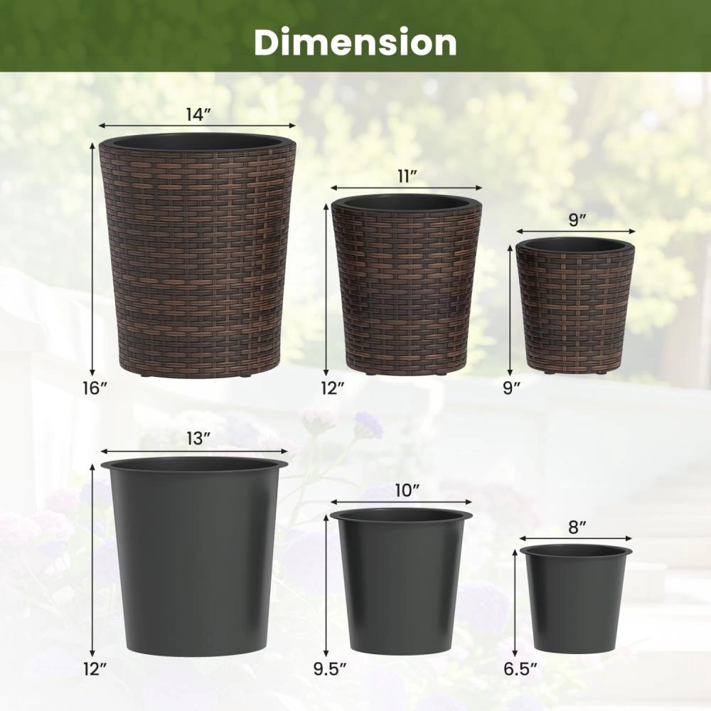 Hivvago Set of 3 Plastic Planters with Drainage Holes and Saucers for Porch and Garden