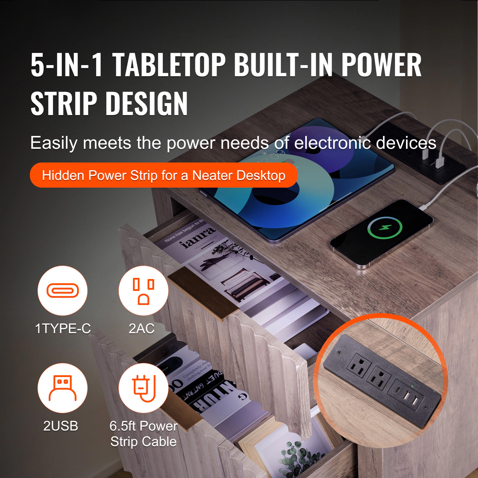 HONGGE 3-Tier End Table Set of 2 with Charging Station, USB Ports & Outlets, Storage Cabinet & 2 Drawers, Gray