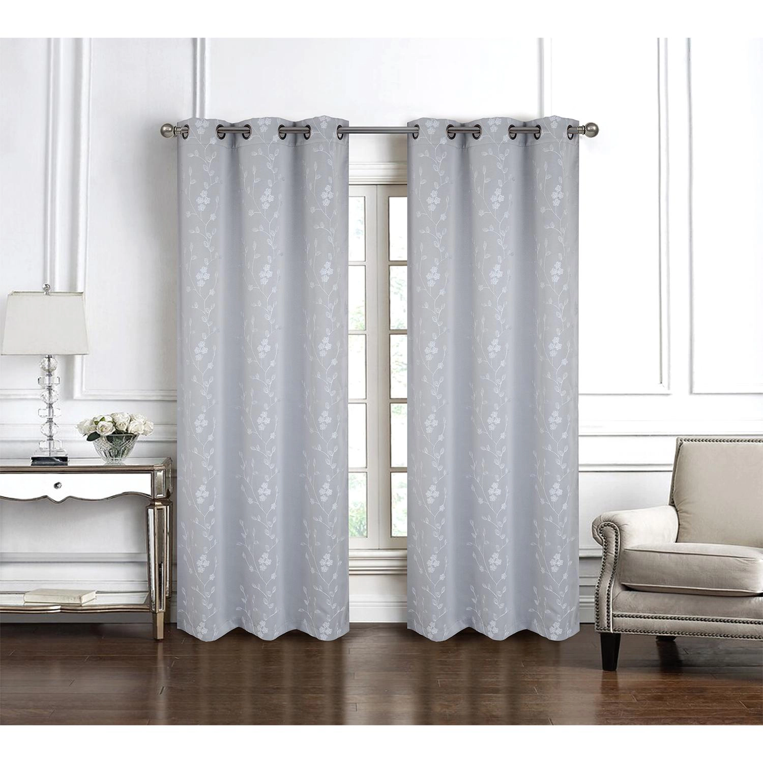RT Designer Collection Lilian Embroidered Blackout Luxurious Decorative Grommet Curtain Panel 54" x 84" Silver