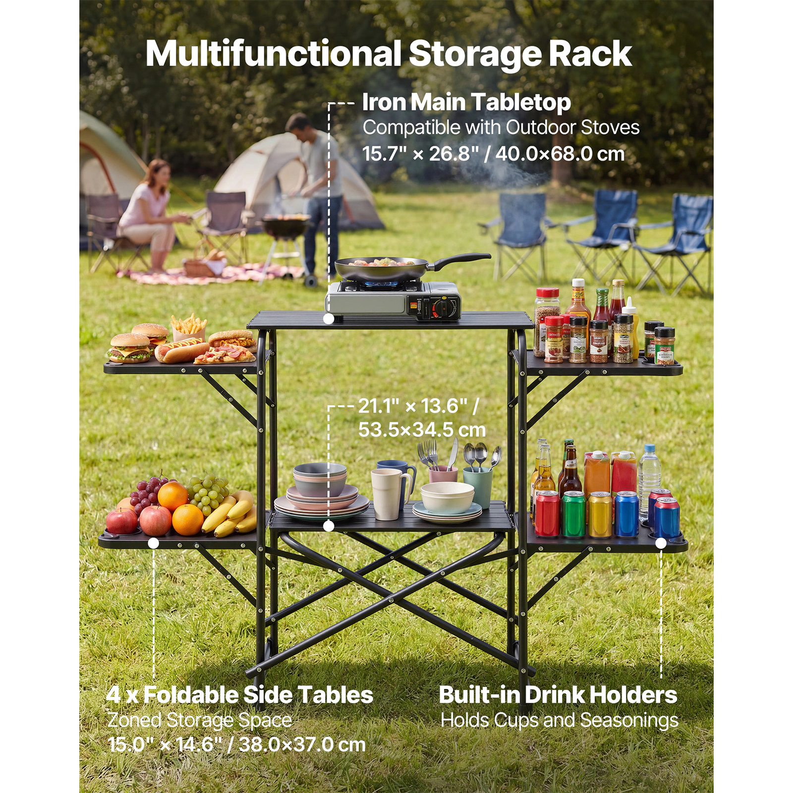 HONGGE Folding Camping Kitchen Table with Heat-Resistant Top, Side Table & Storage Shelf