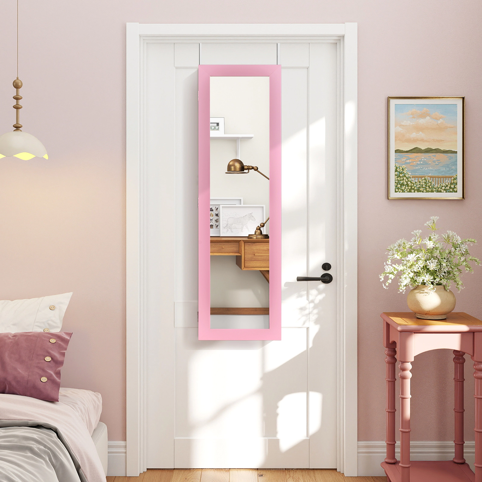 SUGIFT Pink Hanging Jewelry Organizer Cabinet Wall or Door Mounted Armoire with Makeup Mirror and Hooks