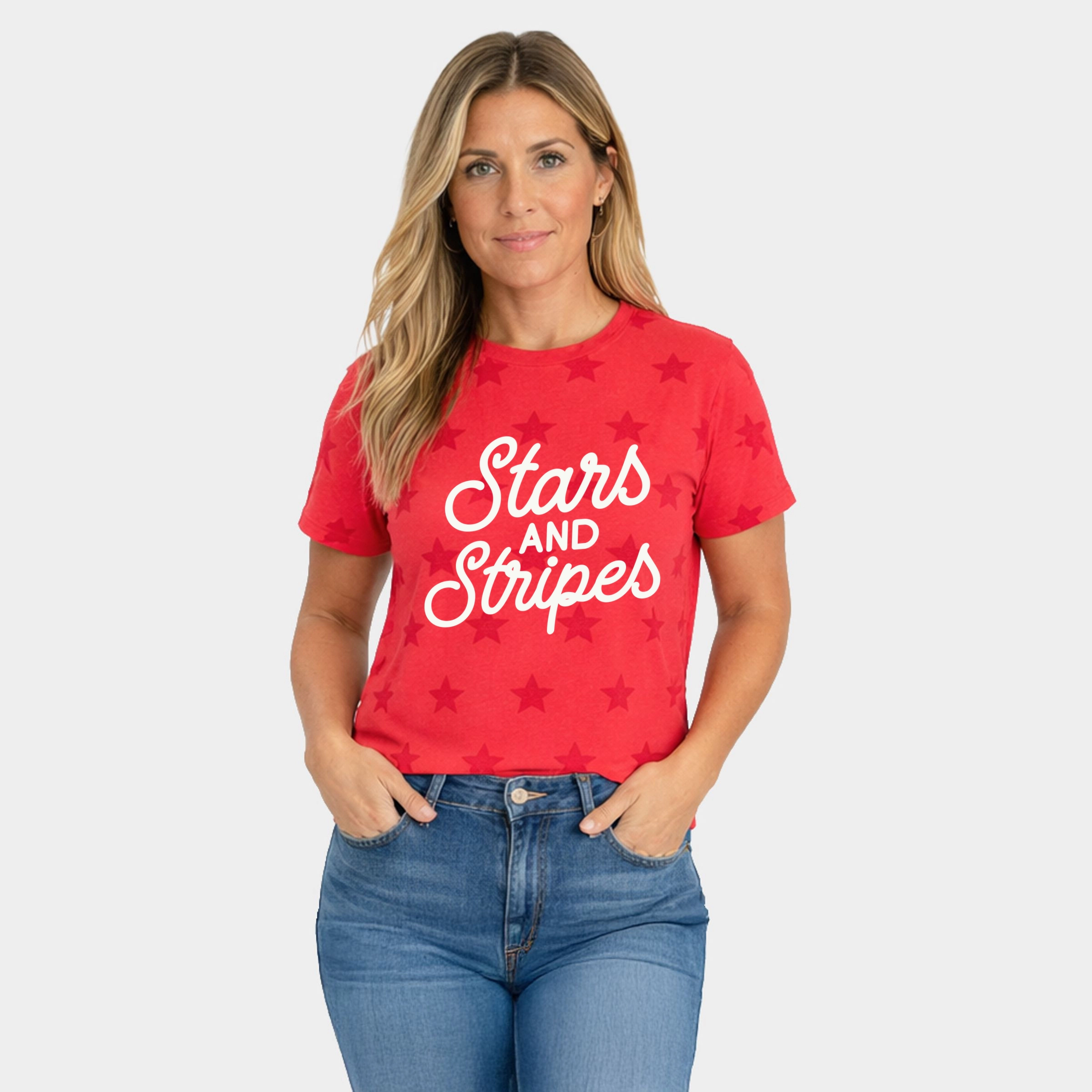 Simply Sage Market - Stars and Stripes Slanted Cursive Puff Print Women's Short Sleeve Star Tee