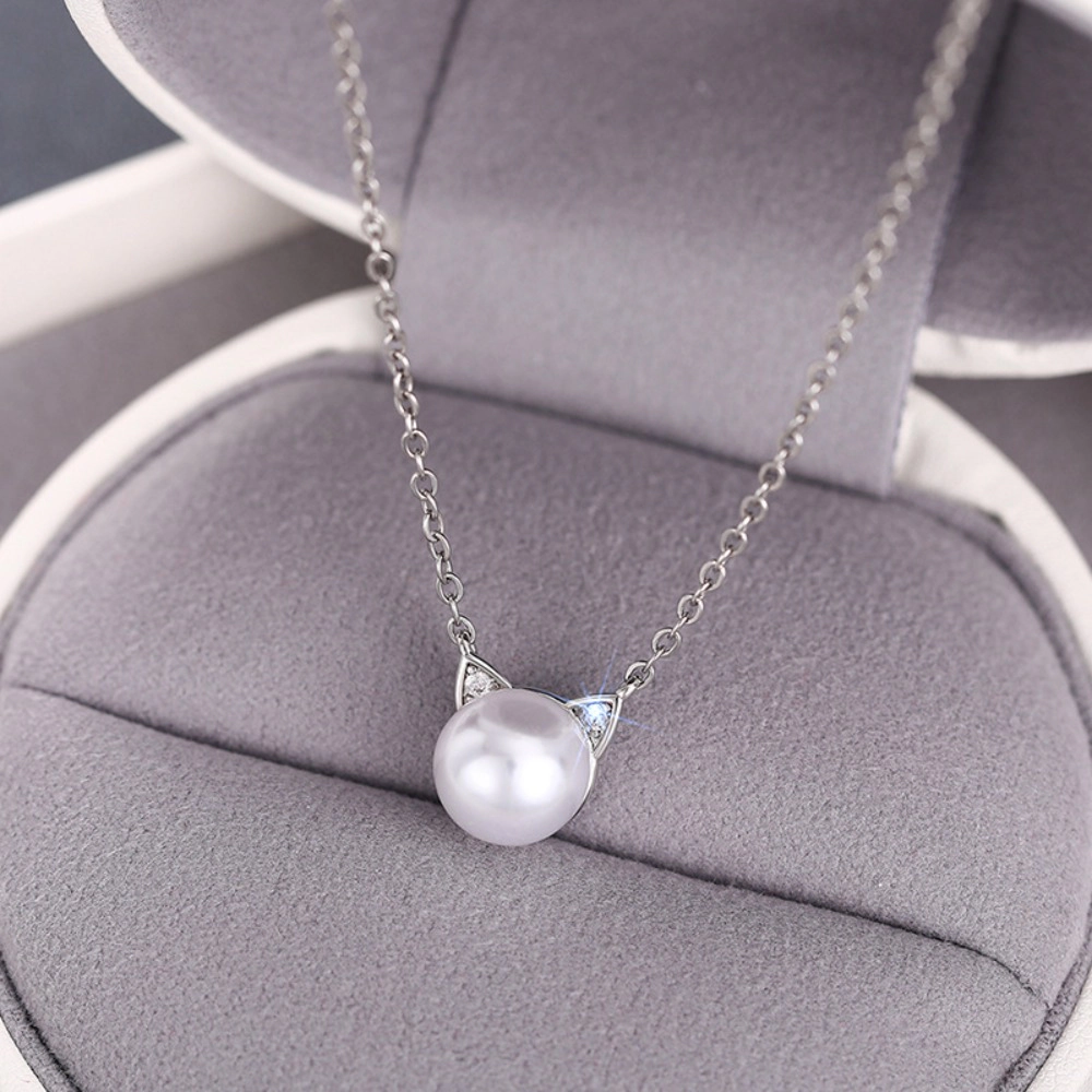 Wardrobe Whimsy Dainty Cat Ear Imitation Pearl Pendant Necklace Cute Animal Jewelry
