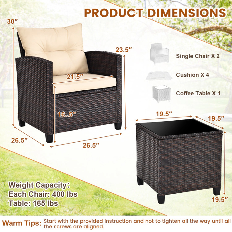 Hivvago 3 Pieces Patio Rattan Furniture Set Cushioned Conversation Coffee Table