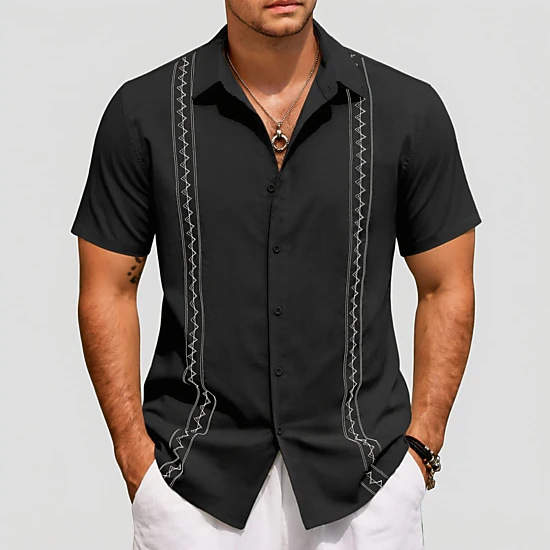 COOFANDY Mens Short Sleeve Button Down Shirt Lapel Collar Zigzag Stripe Casual Tops