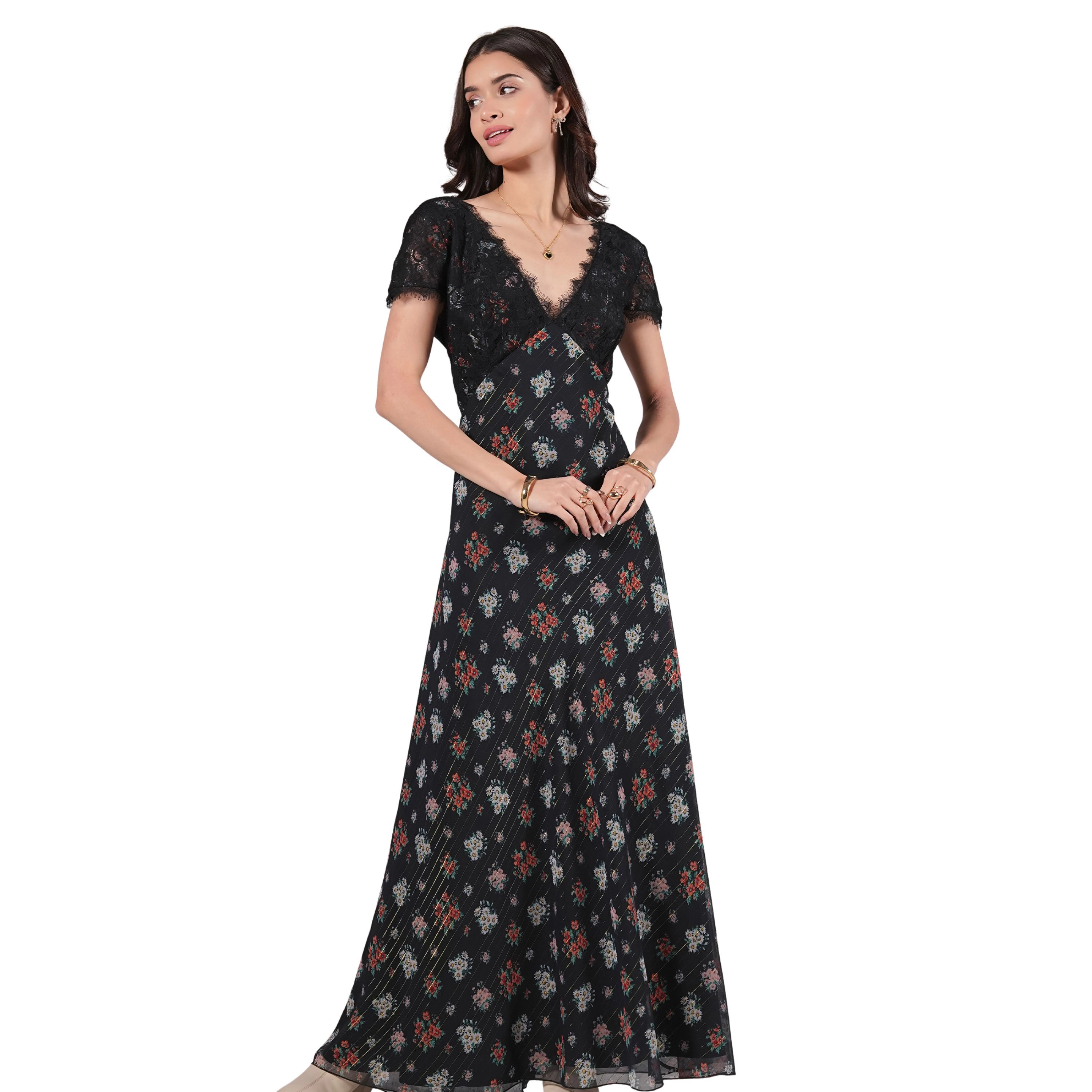 Rose & Nancy Women's Jess Lace Trim Navy And Black Floral Maxi