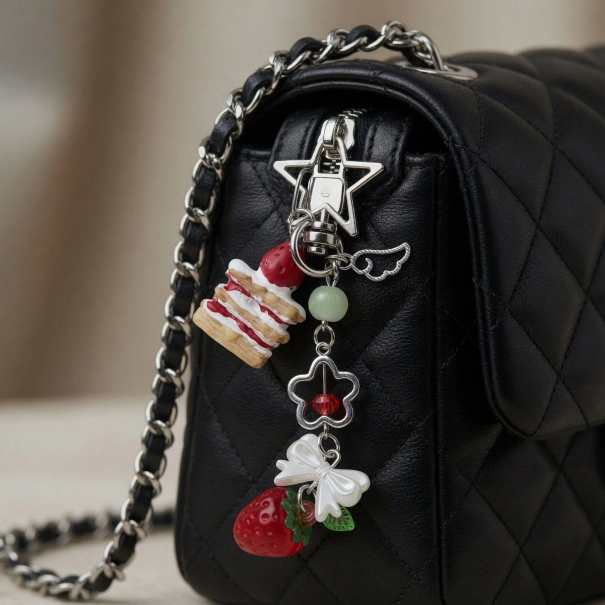 Alilang Women's Dessert Charm Keychain with Strawberry Pendant Cake Detail Star Clip Bag Charm Key Ring Accessory